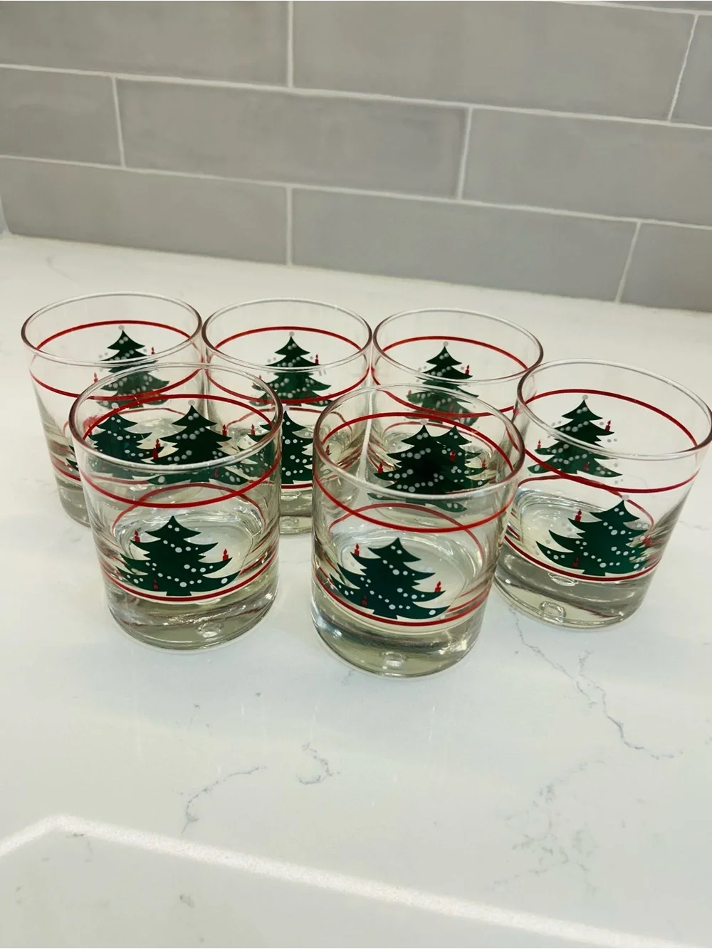 Holiday Glasses Tumblers with Green Christmas Tree & Red Candles - set of 6